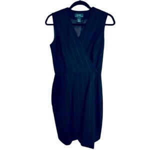 100% Wool RALPH LAUREN Navy Midi Dress Pin Striped Blue White Designer 6 Vintage